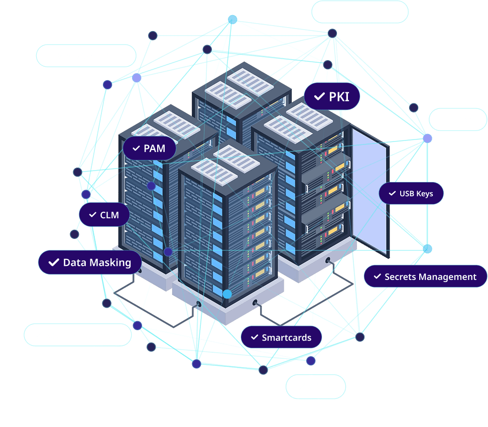 Secure data center surrounded by icons for data protection, IAM, and cryptographic services.