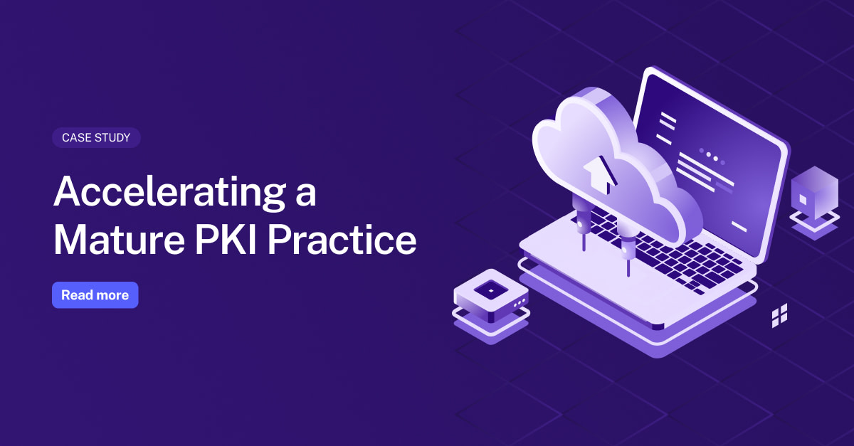 Case study hero: 'Accelerating a Mature PKI Practice' with a purple isometric cloud and laptop illustration and a Read more button on the left side.