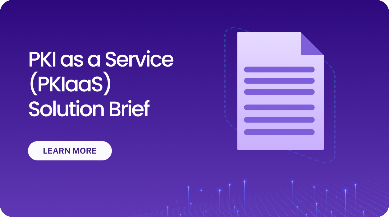 Hero promoting 'PKI as a Service (PKIas) Solution Brief' with a purple document icon on the right and a Learn More button.