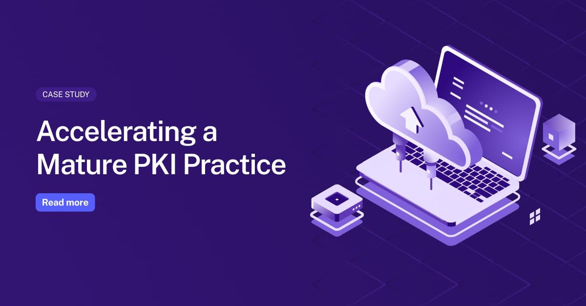 Case study hero: 'Accelerating a Mature PKI Practice' with a purple isometric cloud and laptop illustration and a Read more button on the left side.