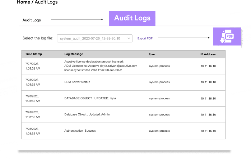 Audit log page displaying detailed logs of masking activities, compliance templates, and real-time reporting features.